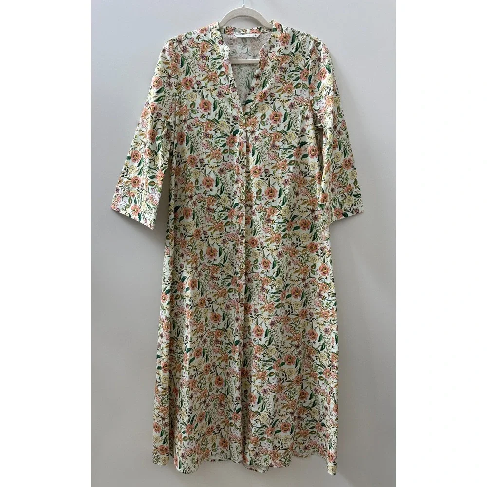 Zara Floral Button Front Cotton Shirt Dress Cottagecore Botanical Women's Medium - Picture 2 of 13